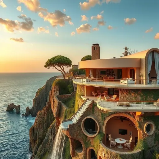 Prompt: (architectural house), 70's vibe, pop style, nestled on a cliff, catwalk long terrace in to the sky, breathtaking sea views, sun set, cascading waterfall from the rooftop, warm blush peach tones, vintage aesthetic, harmonious design, organic windows, branches and trees on the wall house, sun-drenched ambiance, serene environment, inviting architecture, ultra-detailed, high-definition, cinematic masterpiece atmosphere.