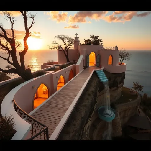 Prompt: (architectural house), 70's vibe, pop style, nestled on a cliff, catwalk long terrace in to the sky, breathtaking sea views, sun set, cascading waterfall from the rooftop, warm blush peach tones, vintage aesthetic, harmonious design, organic windows, branches and trees on the wall house, sun-drenched ambiance, serene environment, inviting architecture, ultra-detailed, high-definition, cinematic masterpiece atmosphere.