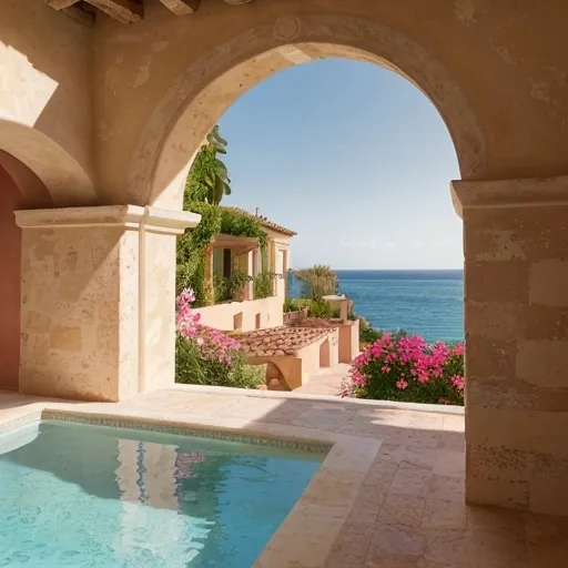 Prompt: architecturalAn idyllic Mediterranean coastal scene at sunset, showcasing a whitewashed modern villa with rustic stone walls and terracotta roofs. The architecture features arched doorways and windows adorned with vibrant pink bougainvillea cascading down the walls. Surrounding the house, lush green plants sway gently in the warm, golden light. turquoise sea, inviting tranquility. The scene captures a warm, serene atmosphere with soft sunlight bathing the entire view. Designed for Instagram Story format with a focus on realism and inviting Mediterranean charm