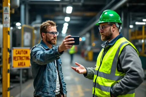 Prompt: Contractor is taking a photo at unauthorized area in factory's shopfloor then safety officer who wear green safety helmet warn him