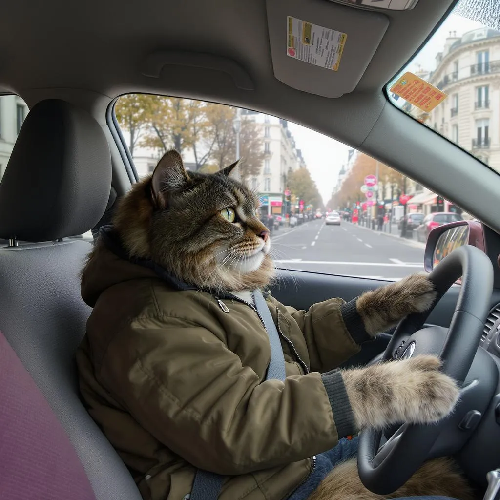 Prompt: un chat en costume veste et entrein de conduire une voiture en pleine ville de paris en france