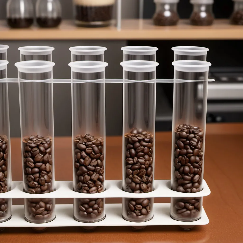 Prompt: I need an image of where the coffee beans will be in the test tubes where the experiments are being done

