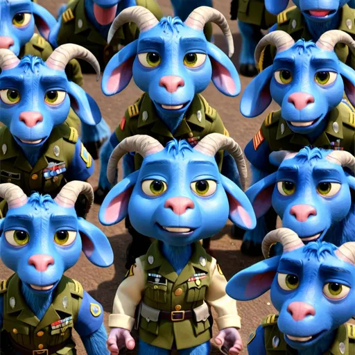 Prompt: a caricature of an army of blue goats with arms and legs dressed with militar uniform