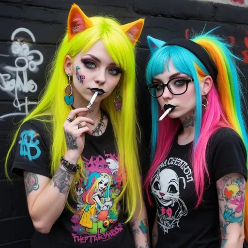 Prompt: Cartoon attitude  characture graffitti blonde neon rainbow long hair the Chester cat and Alice smoking a bong gothic piercings 