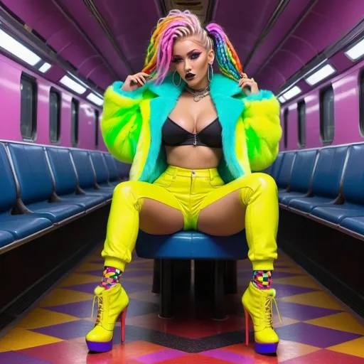 Prompt: Neon cyberpunk medusa microbraided blonde and rainbow hair revealing extra large cleavage full lips
with high heel shoes wearing a matching fur bomber jacket and enchanting revealing matching outfit exotic pose  and a matching rainbow checkered floor riding a train
