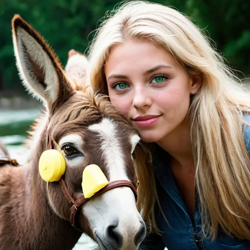 Prompt: A blonde female with green eyes  like the water holding her miniature donkey