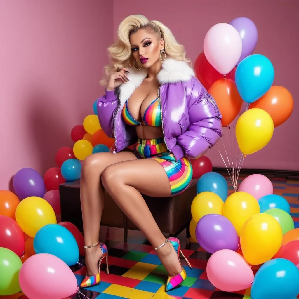 Prompt: Blonde Rainbow neon long designer hair revealing extra large cleavage full lips
with high heel shoes wearing a matching fur bomber jacket and enchanting revealing matching outfit exotic pose and a matching rainbow checkered floor designer balloons

