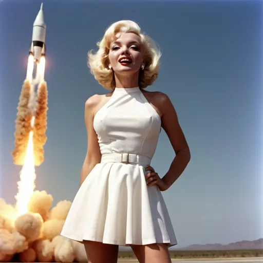Prompt: Marlyne  Monroe in her famous white mini dress with the wind blowing it up above her waist at one of elon musks rocket launches 