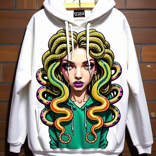 Prompt: Graffiti medusa microbraided blonde long multicolored snake hair cartoon print charachter on a hoodie custom embroided- sedusa adornment