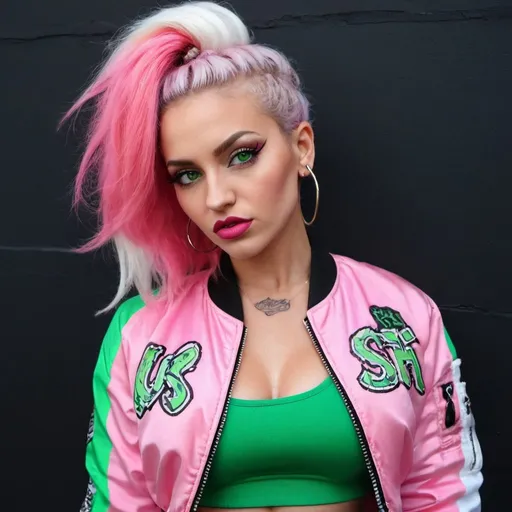 Prompt: Red full lips multicolored microbraided pastel hair green eyes revealing cleavage wearing a pink and white graffitti printed crop top  and sedusa bomber jacket i front of a black wall backround - sedusa adornment