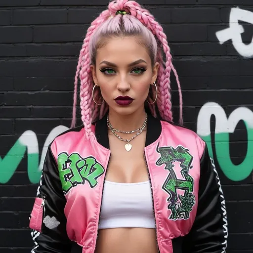 Prompt: Red full lips pastel multicolored microbraided hair green eyes revealing cleavage wearing a pink and white graffitti printed crop top  and sedusa bomber jacket i front of a black wall backround - sedusa adornment