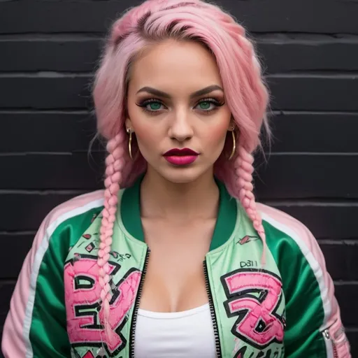 Prompt: Red full lips pastel multicolored microbraided hair green eyes revealing cleavage wearing a pink and white graffitti printed crop top  and sedusa bomber jacket i front of a black wall backround - sedusa adornment