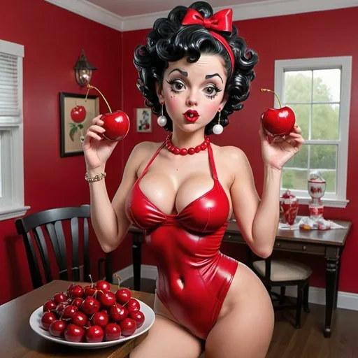 Prompt: Human Betty boop hip-hop female with extra large revealing cleavage and eating a large cherry  and the room decorated with cherry decor