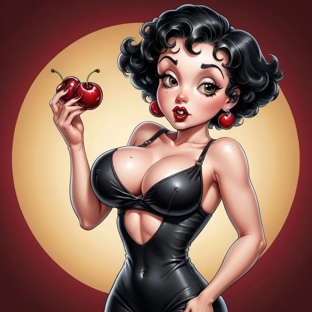 Prompt: Betty boop hip-hop character female with extra large revealing cleavage and holy freyed black tight outfit eand eating a large cherry
