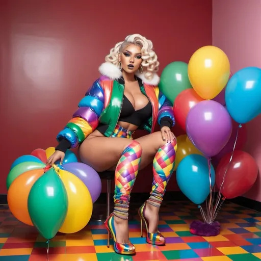 Prompt: Chrome Rainbow medusa microbraided blonde and rainbow hair revealing extra large cleavage full lips
with high heel shoes wearing a matching fur bomber jacket and enchanting revealing matching outfit exotic pose and a matching rainbow checkered floor chrome balloons
