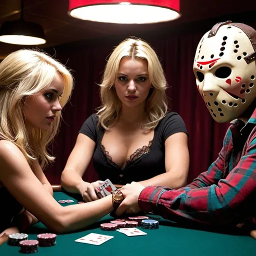 Prompt: Blonde female playing poker with Freddy and jason