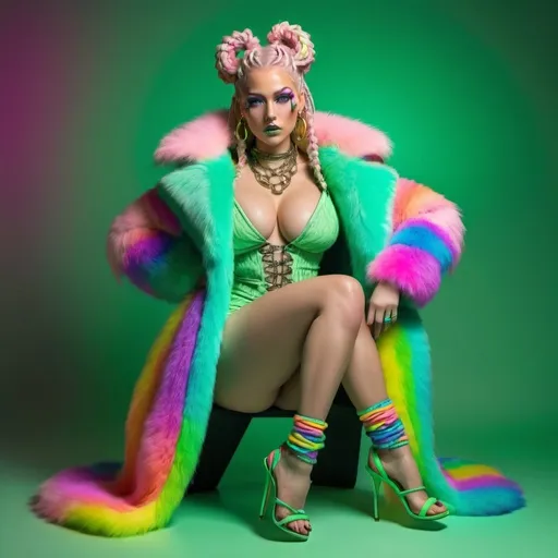 Prompt: Neon cyberpunk medusa microbraided blonde pastel rainbow hair revealing extra large cleavage full lips high heel shoes wearing a matching fur coat and enchanting revealing matching outfit exotic pose on a solid green backround