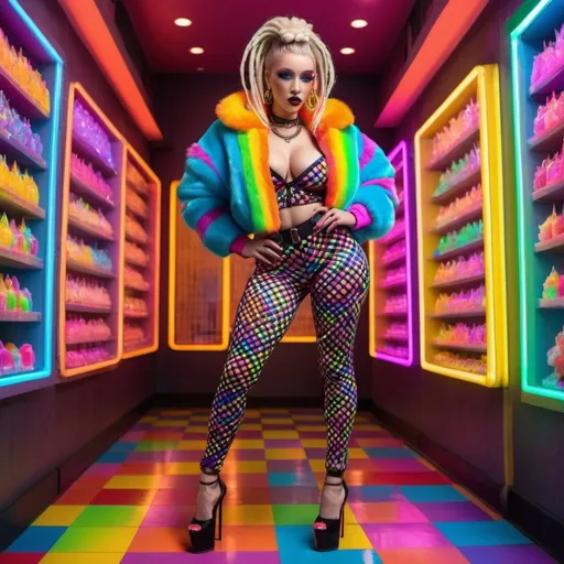 Prompt: Neon cyberpunk medusa microbraided blonde and rainbow hair revealing extra large cleavage full lips
with high heel shoes wearing a matching fur bomber jacket and enchanting revealing matching outfit exotic pose  and a matching rainbow checkered floor designer candy pops
