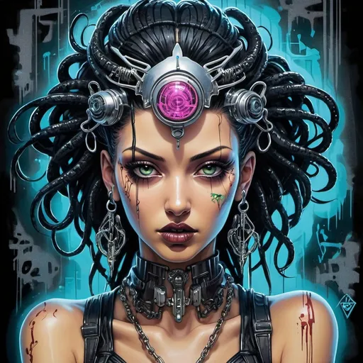 Prompt: Sedusa Adornment graffiti art print cyberpunk chrome 
