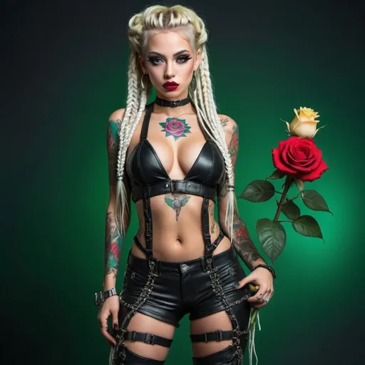 Prompt: New age techno art cyber punk natural large eyes female with blonde rainbow long microbraided hair revealing large cleavage red lips full and tattoos fully body wearing thigh higheel boots  exotic pose holding a black rose green backround