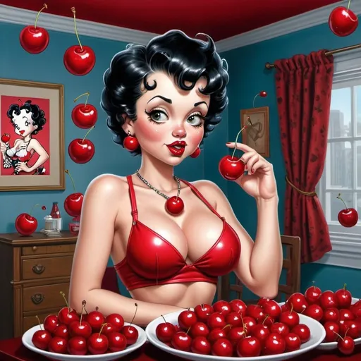 Prompt: Human Betty boop hip-hop female with extra large revealing cleavage and eating a large cherry  and the room decorated with cherry decor