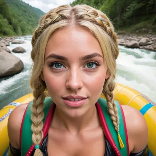 Prompt: Blonde female rainbow microbraided hair revealing extra large cleavage full lips green eyes white water rafting 