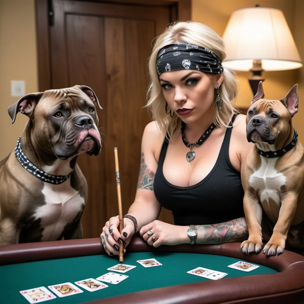 Prompt: Blonde female showing cleavage and tattoos wearing a black tank top and black and white bandana over the bottom half of her face with a cane cursor mastiff a bully looking gotti pitbull cane corso  playing poker with Freddy cruger, chucky  and jason 