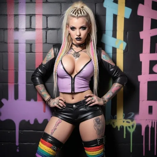 Prompt: exotic blondish pastel rainbow microbraided long hair revealing extra large cleavage tattoos piercings thigh high graffitti boots light purple black exotic leather outfit with a 5 friends gothic graffitti charachters on a black wall 