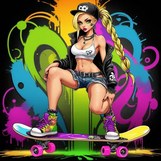 Prompt:  A gangster phsyco ghetto cartoon characture blonde exotic revealing  rainbow multicolored microbraided hair female with green eyes revealing extra large cleavage exotic adult  on skateboard spraypaint and neon yellow  purple pink green ed blue purple multicolored graffiti outfit and shoes gothic punk steam punk emo exotic classy gangster stylish original graffiti tech touch graffitti black backround exotic adult
