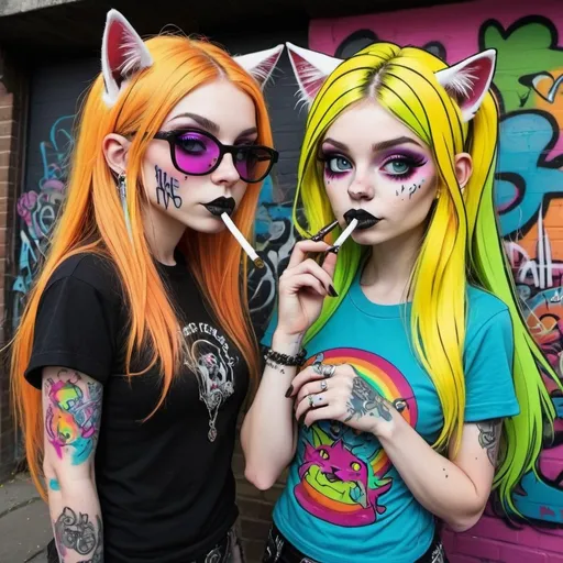 Prompt: Cartoon attitude  characture graffitti blonde neon rainbow long hair the Chester cat and Alice smoking a bong gothic piercings 