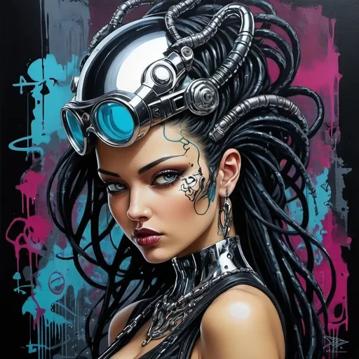 Prompt: Sedusa Adornment graffiti art print cyberpunk chrome 
