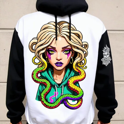 Prompt: Graffiti medusa microbraided blonde long multicolored snake hair cartoon print charachter on a hoodie custom embroided- sedusa adornment