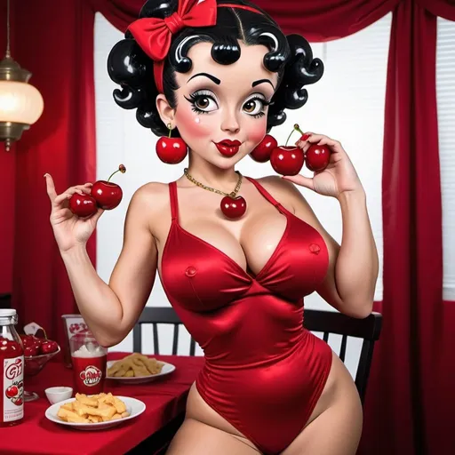 Prompt: Human Betty boop hip-hop female with extra large revealing cleavage and cherry outfit also eating g a cherry cherry decor
