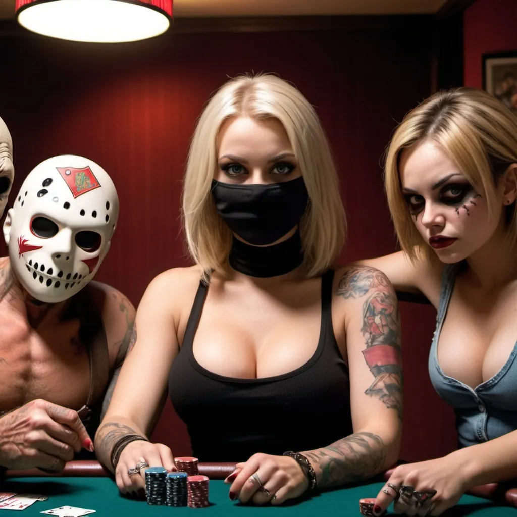 Prompt: Blonde female wearing a balaclava and a tanktop wirh cleavage and tattoos playing poker with Freddy cruger, chucky  and jason