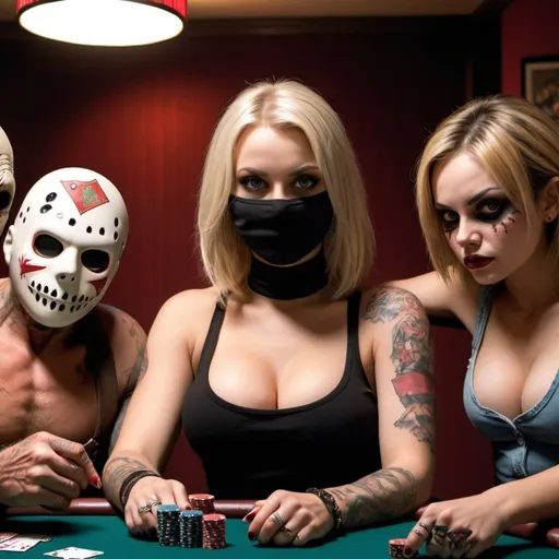 Prompt: Blonde female wearing a balaclava and a tanktop wirh cleavage and tattoos playing poker with Freddy cruger, chucky  and jason