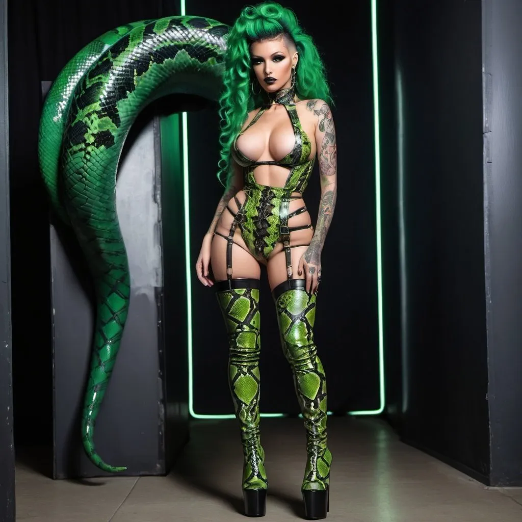 Prompt: I'm exotic medusa hair revealing extra large cleavage small waist big rear end and  tattoos and piercings thigh high boots cyber punk green snake skin and outfit thigh high heel leather snake skin boots