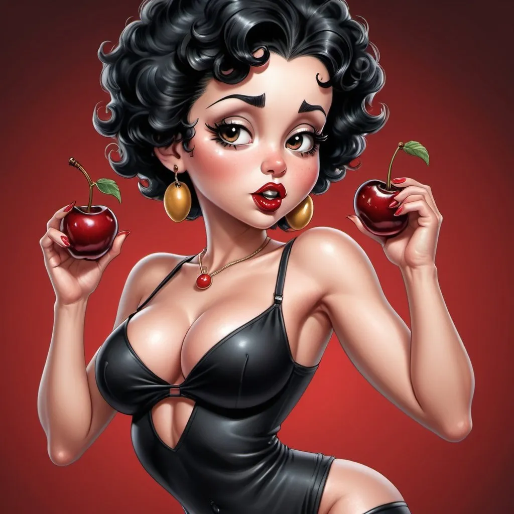 Prompt: Betty boop hip-hop character female with extra large revealing cleavage and holy freyed black tight outfit eand eating a large cherry