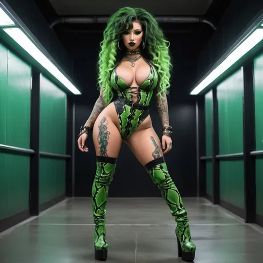 Prompt: I'm exotic medusa hair revealing extra large cleavage small waist big rear end tattoos and thigh higheel snake boots cyber punk green black snake skin outfit 