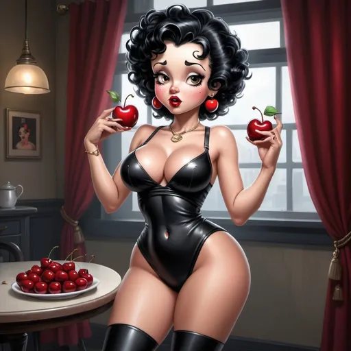 Prompt: Betty boop hip-hop character female with extra large revealing cleavage and holy freyed black tight outfit eand eating a large cherry