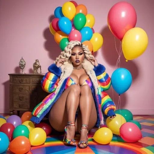 Prompt: Rainbow medusa microbraided blonde rainbow long designer hair revealing extra large cleavage full lips
with high heel shoes wearing a matching fur bomber jacket and enchanting revealing matching outfit exotic pose and a matching rainbow checkered floor designer balloons
