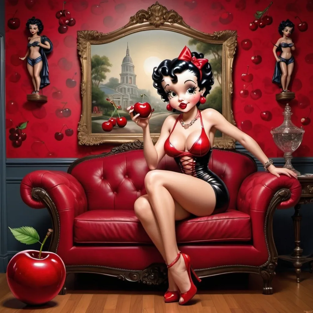 Prompt: Betty boop hip-hop female with extra large revealing cleavage and eating a large cherry  and the room decorated desifned cherries room with statues of cherries also furniture a cherries couch and cherries wallpaper 