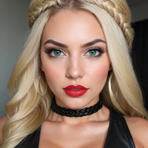 Prompt: Green eyes blonde long extra volume microbraided long full hair full red lips revealing large cleavage tight 2 piece outift leather wrap around revealing round face countour make up false eyelashes bold designer