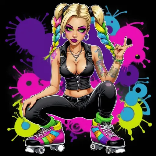 Prompt: A gangster phsyco ghetto cartoon characture blonde rainbow multicolored microbraided hair female with green eyes revealing extra large cleavage on rollerskates spraypaint and neon yellow  purple pink green ed blue purple multicolored graffiti outfit and shoes gothic punk steam punk emo exotic classy gangster stylish original graffiti tech touch graffitti black backround exotic adult
