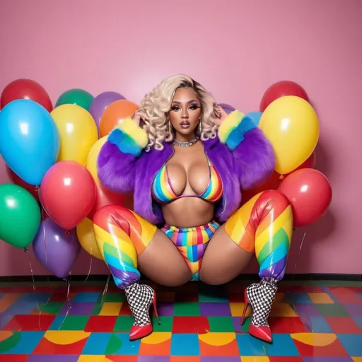 Prompt: Rainbow medusa microbraided blonde and rainbow hair revealing extra large cleavage full lips
with high heel shoes wearing a matching fur bomber jacket and enchanting revealing matching outfit exotic pose and a matching rainbow checkered floor designer balloons
