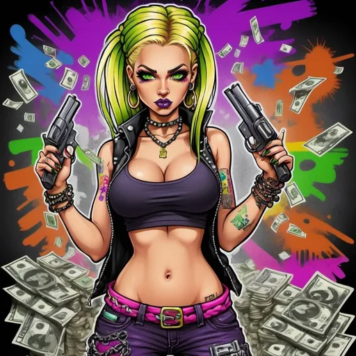 Prompt: A thug ghetto blonde cartoon characture rainbow multicolored microbraided hair female with green eyes revealing extra large cleavage  money dollar bills guns bullets spraypaint and neon purple green yellow pink red blue orange multicolored graffiti outfit and shoes gothic punk steam punk emo exotic classy gangster stylish original graffiti tech touch graffitti backround 
