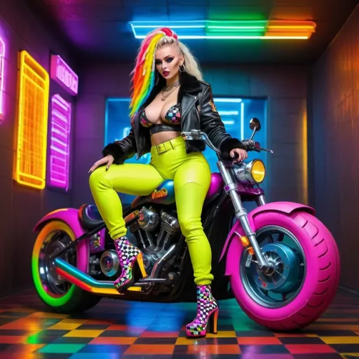 Prompt: Neon cyberpunk medusa microbraided blonde and rainbow hair revealing extra large cleavage full lips
with high heel shoes wearing a matching fur bomber jacket and enchanting revealing matching outfit exotic pose  and a matching rainbow checkered floor riding a chopper motorcycle
