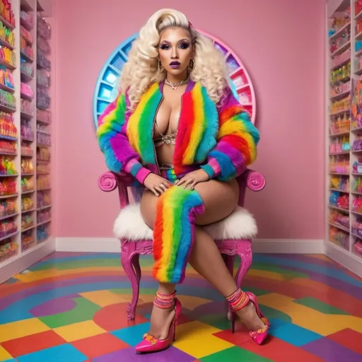 Prompt: Rainbow medusa microbraided blonde and rainbow hair revealing extra large cleavage full lips
with high heel shoes wearing a matching fur bomber jacket and enchanting revealing matching outfit exotic pose and a matching rainbow checkered floor designer candy pops
