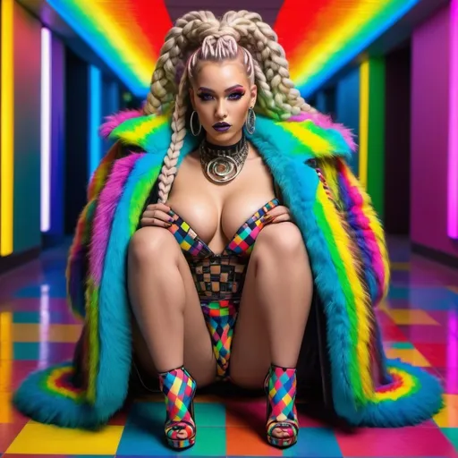 Prompt: Neon cyberpunk medusa microbraided blonde and rainbow hair revealing extra large cleavage full lips
with high heel shoes wearing a matching fur coat and enchanting revealing matching outfit exotic pose  and a matching rainbow checkered floor 
