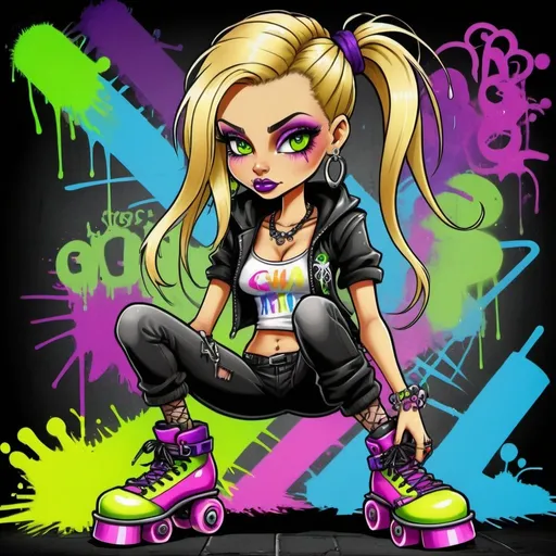 Prompt: A gangster phsyco ghetto cartoon characture blonde rainbow multicolored microbraided hair female with green eyes revealing extra large cleavage on rollerskates spraypaint and neon yellow  purple pink green ed blue purple multicolored graffiti outfit and shoes gothic punk steam punk emo exotic classy gangster stylish original graffiti tech touch graffitti black backround 
