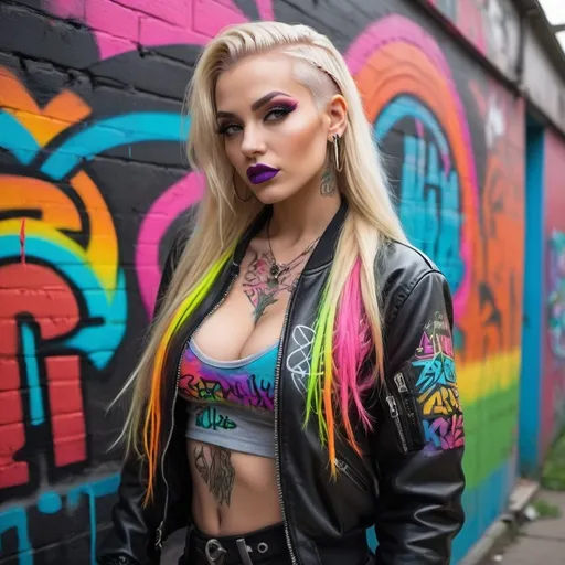 Prompt: Rainbow neon graiffiti Blonde rainbow neon microbraided really long hair leprachaun revealing extra large cleavage full lips bold make up tattoos wearing exotic graffii leather with leather bold graffiti design bomber jacket cyberpunk  bold graffiti